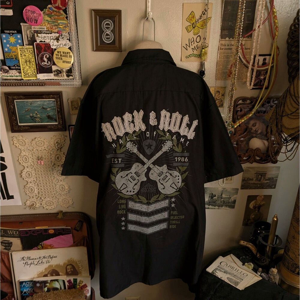 Rock and Roll Hall of Fame Patch Button Down Shirt Men's XL Black